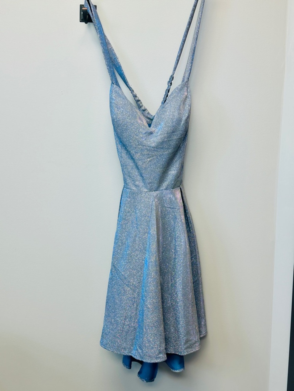B Darlin Iridescent Light Blue Glitter Midi Dress